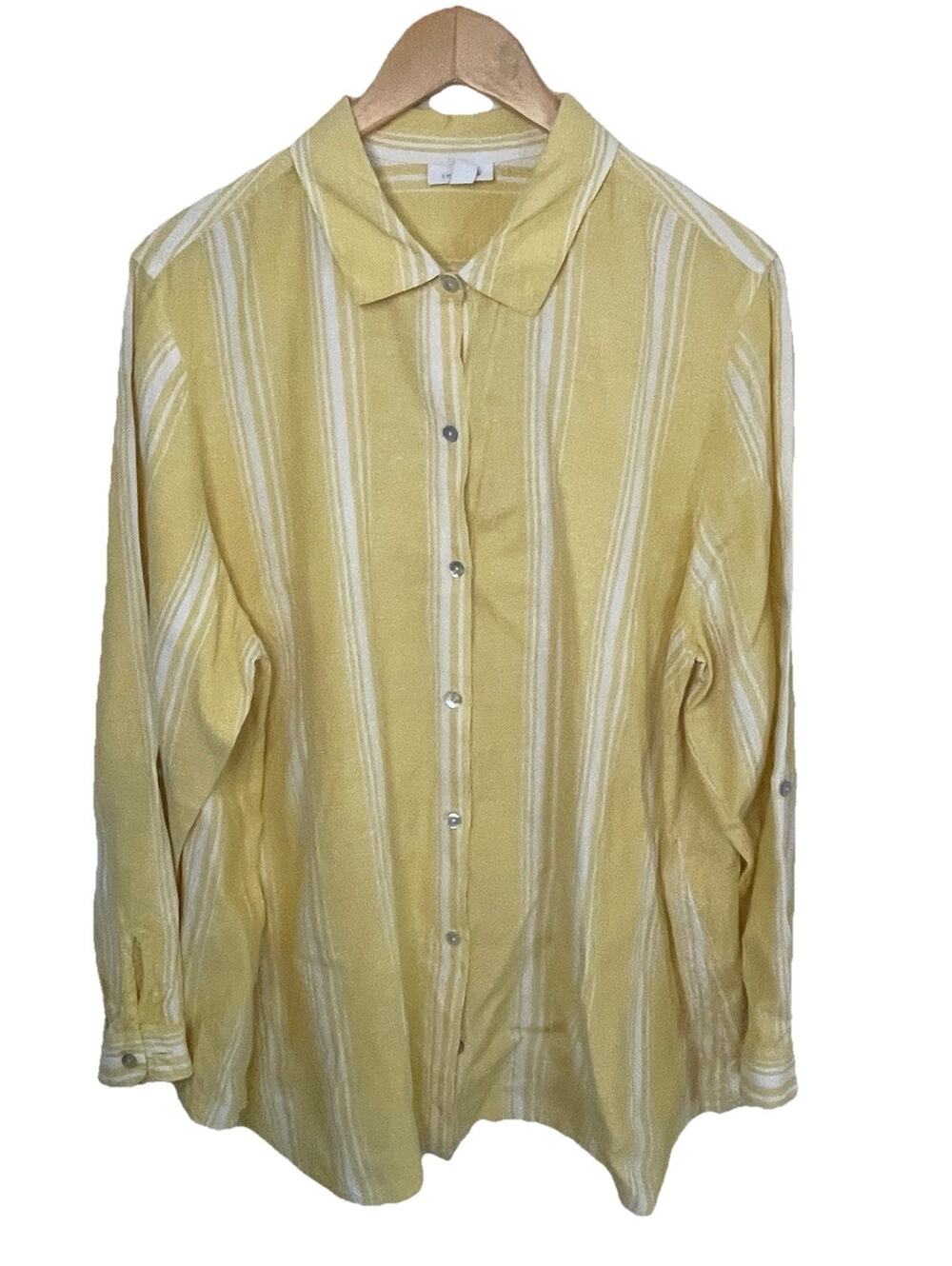 J. Jill Love Linen Striped Shirt Yellow / White Roll Tab Sleeve Sz 2X. Beachy
